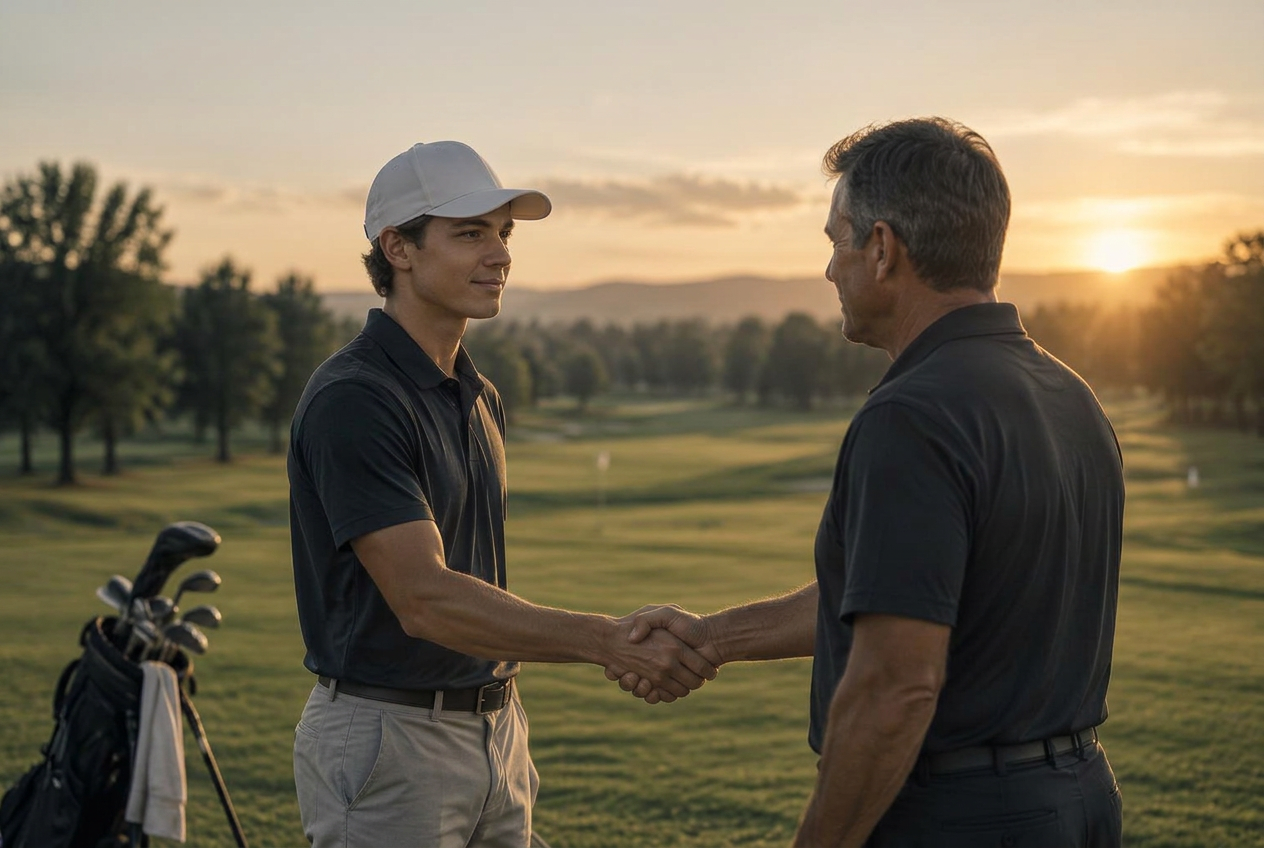 A Team Chisos Golf player shaking hands with a coach on the course